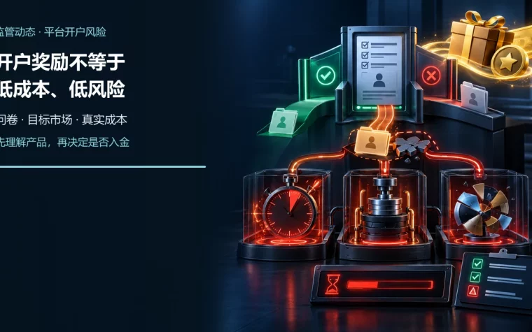 现金券与积分奖励进入开户问卷和目标市场分流门，错误绕行路径通向短期期权倒计时、期货保证金与零股结构风险装置
