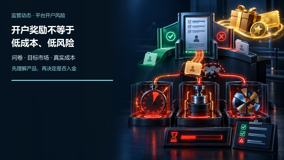 现金券与积分奖励进入开户问卷和目标市场分流门,错误绕行路径通向短期期权倒计时、期货保证金与零股结构风险装置