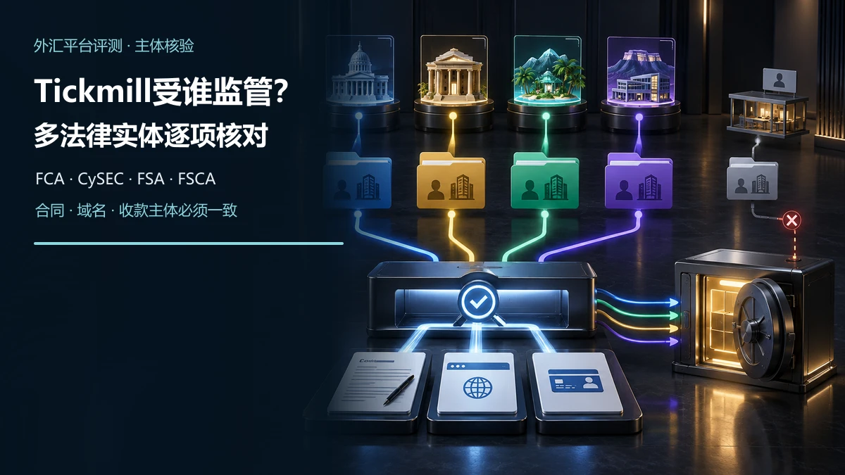 四个独立法律实体档案分别连接监管登记，合同、官网域名和收款信息通过中央扫描器完成一致性核验